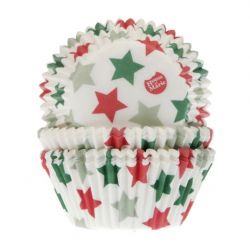 50 caissettes à cupcakes étoiles blanches, vertes et rouges