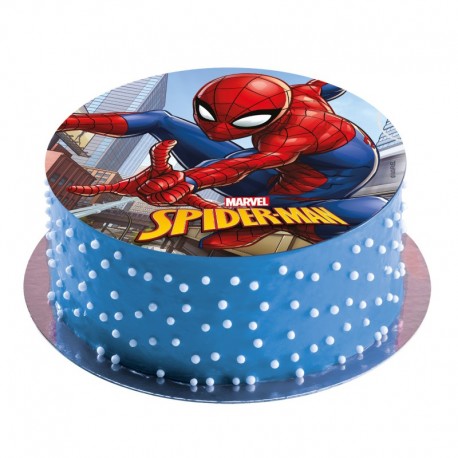 Drip cake Spiderman rouge et bleu à figurine et toile d'araignée ve